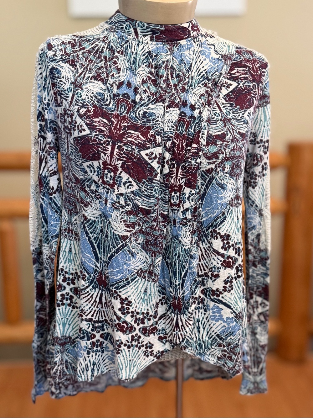 Free People Long Sleeve Mock Neck Top - Blue & Burgundy